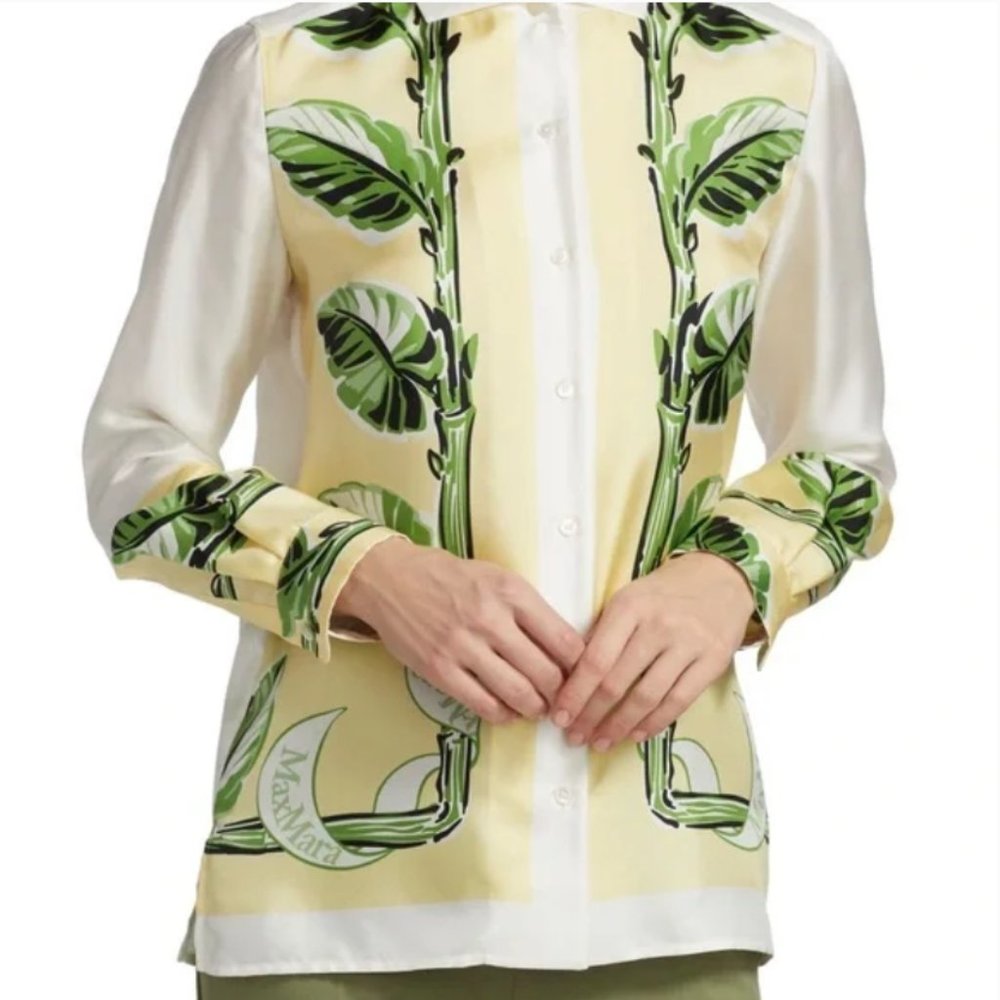 Max Mara Alias Palm Print Silk Shirt Size 6